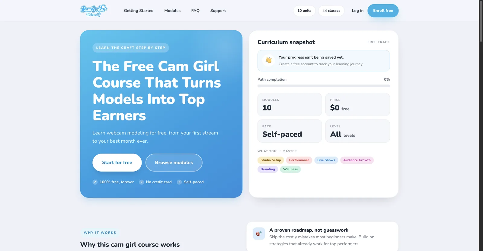 CamSoda University landing page showing a free cam model course with a curriculum snapshot listing ten modules, forty four classes and a zero dollar price