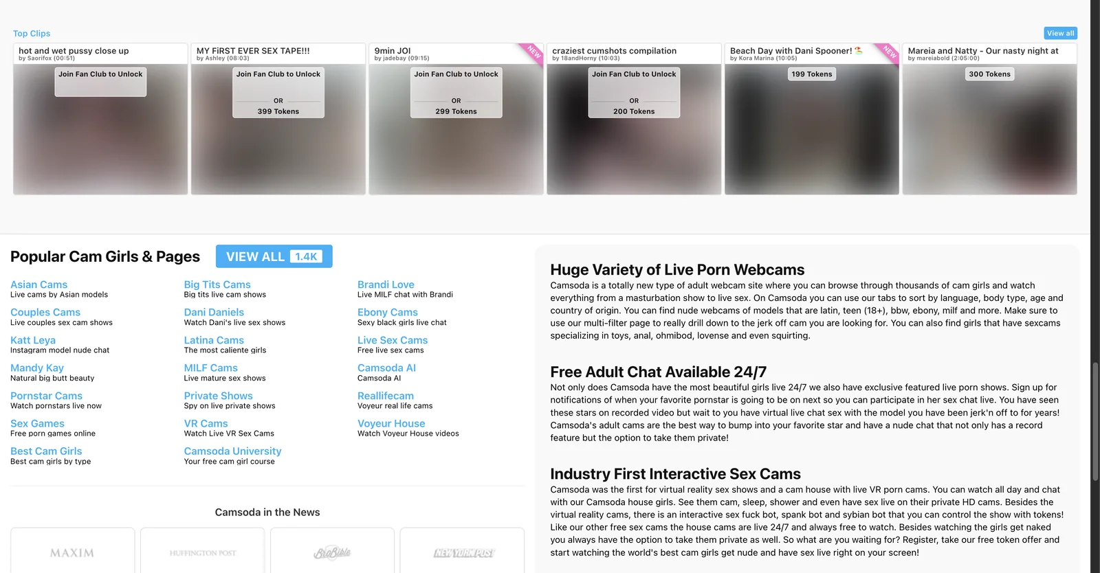 CamSoda top clips row showing recorded video tiles with token prices and fan club unlock options, above a list of popular cam pages