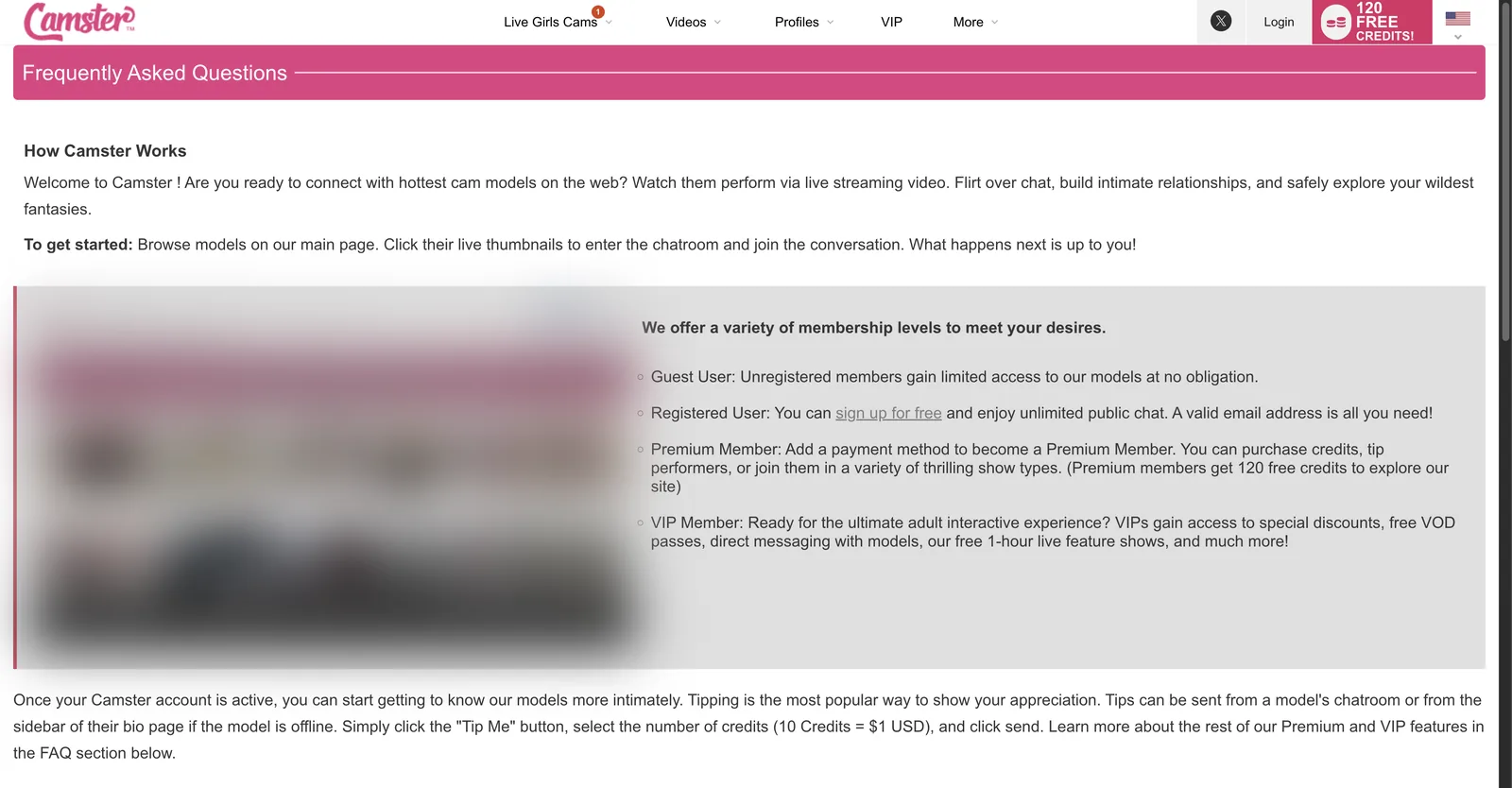 The Camster FAQ page setting out four membership tiers and stating the credit to dollar conversion