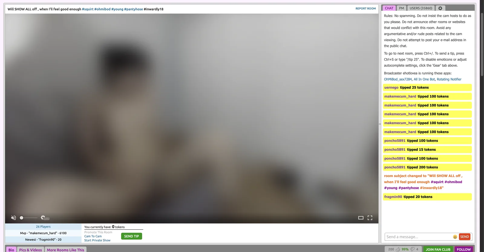 A FindMyCams room with video on the left and a chat panel on the right printing house rules, keyboard shortcuts and tip alerts