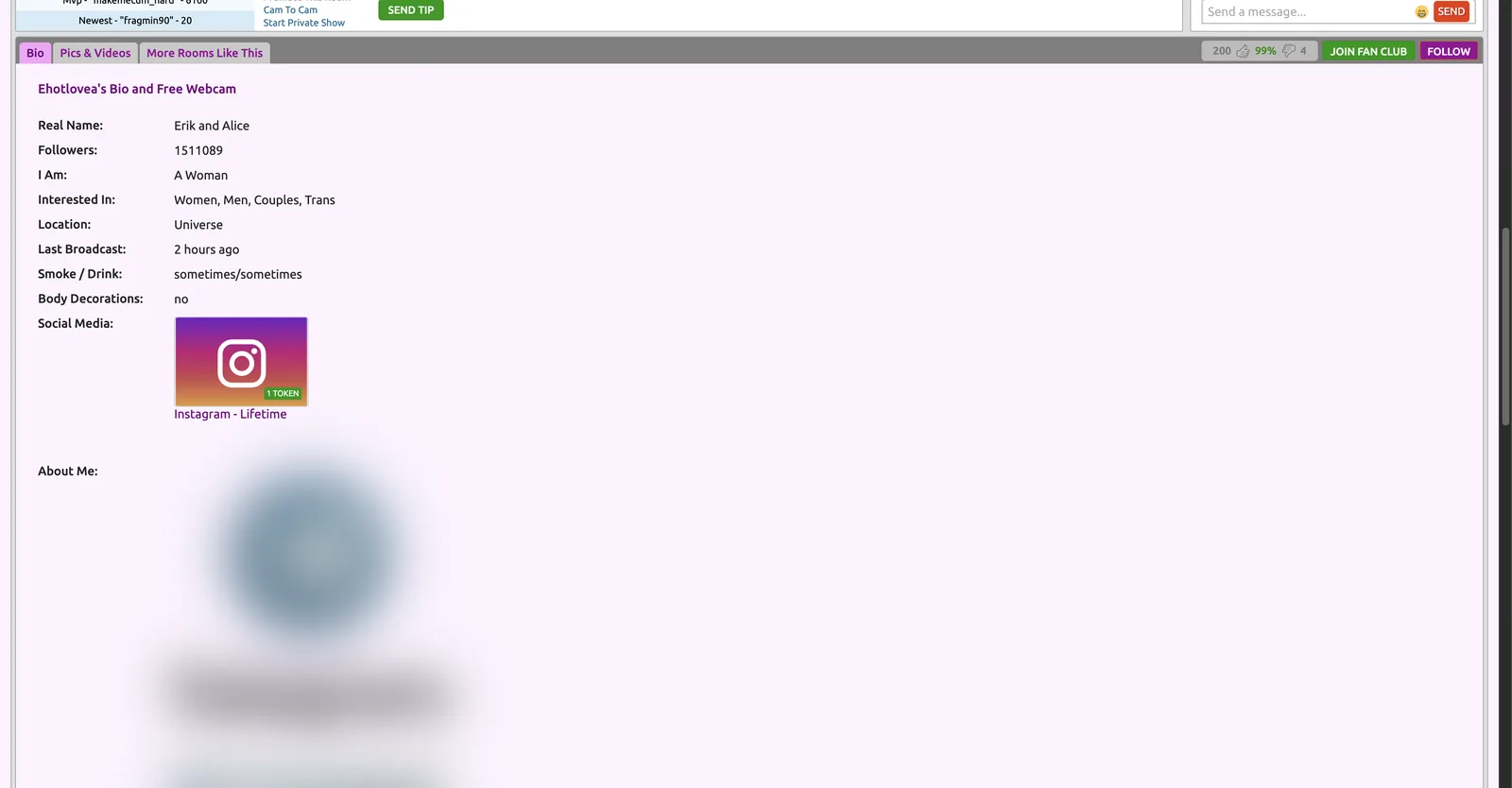 A FindMyCams profile bio shown as a field table, with a social media link offered for one token