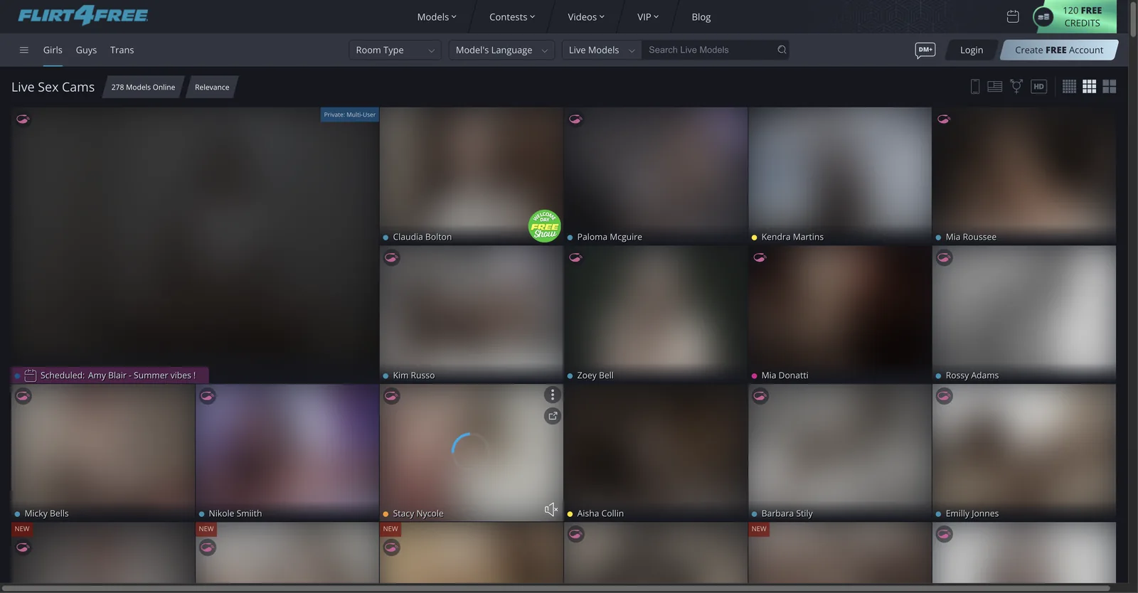 Flirt4Free live cams grid showing model tiles with status dots, new and welcome day badges and a scheduled show banner, above room type and language filters