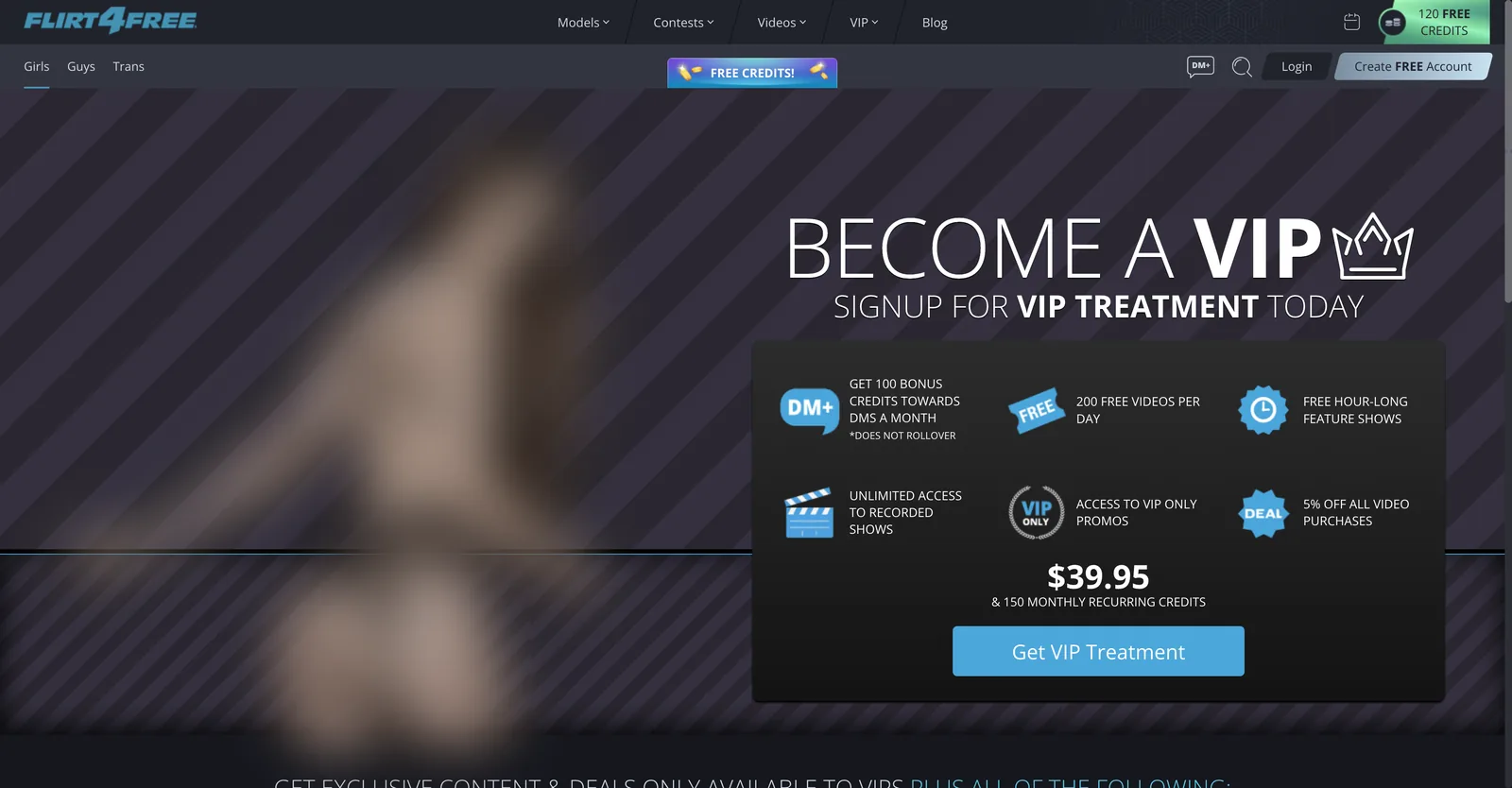 Flirt4Free VIP membership page listing six benefits including bonus direct message credits, free daily videos and feature shows, with a monthly price and recurring credit allowance