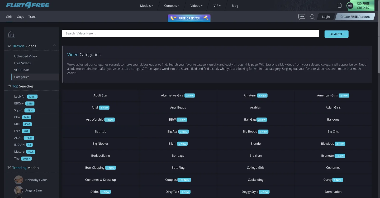 Flirt4Free video categories page listing categories with new arrival counts, beside a top searches panel showing search volumes