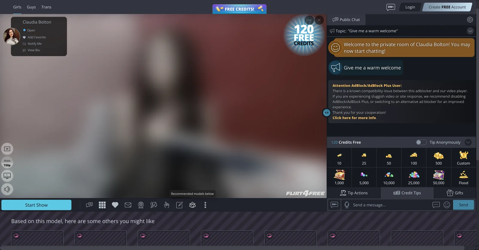 Flirt4Free room with the player on the left, public chat on the right, and a two row grid of credit tip buttons beneath with an anonymous tipping toggle