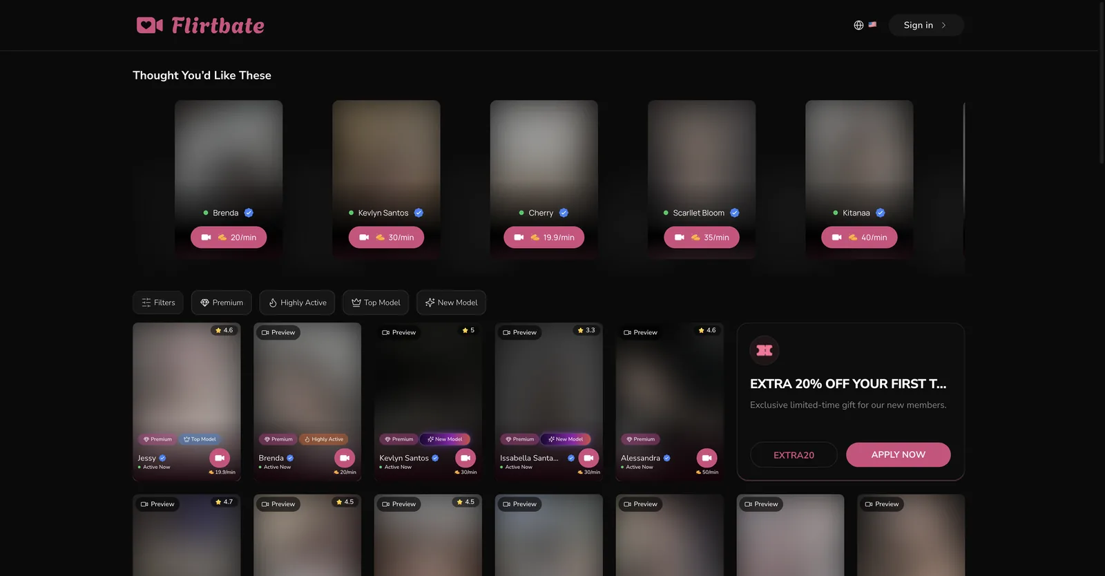 Flirtbate home page showing model cards, each with a per minute credit rate on the thumbnail, star ratings, verification ticks and premium or top model badges