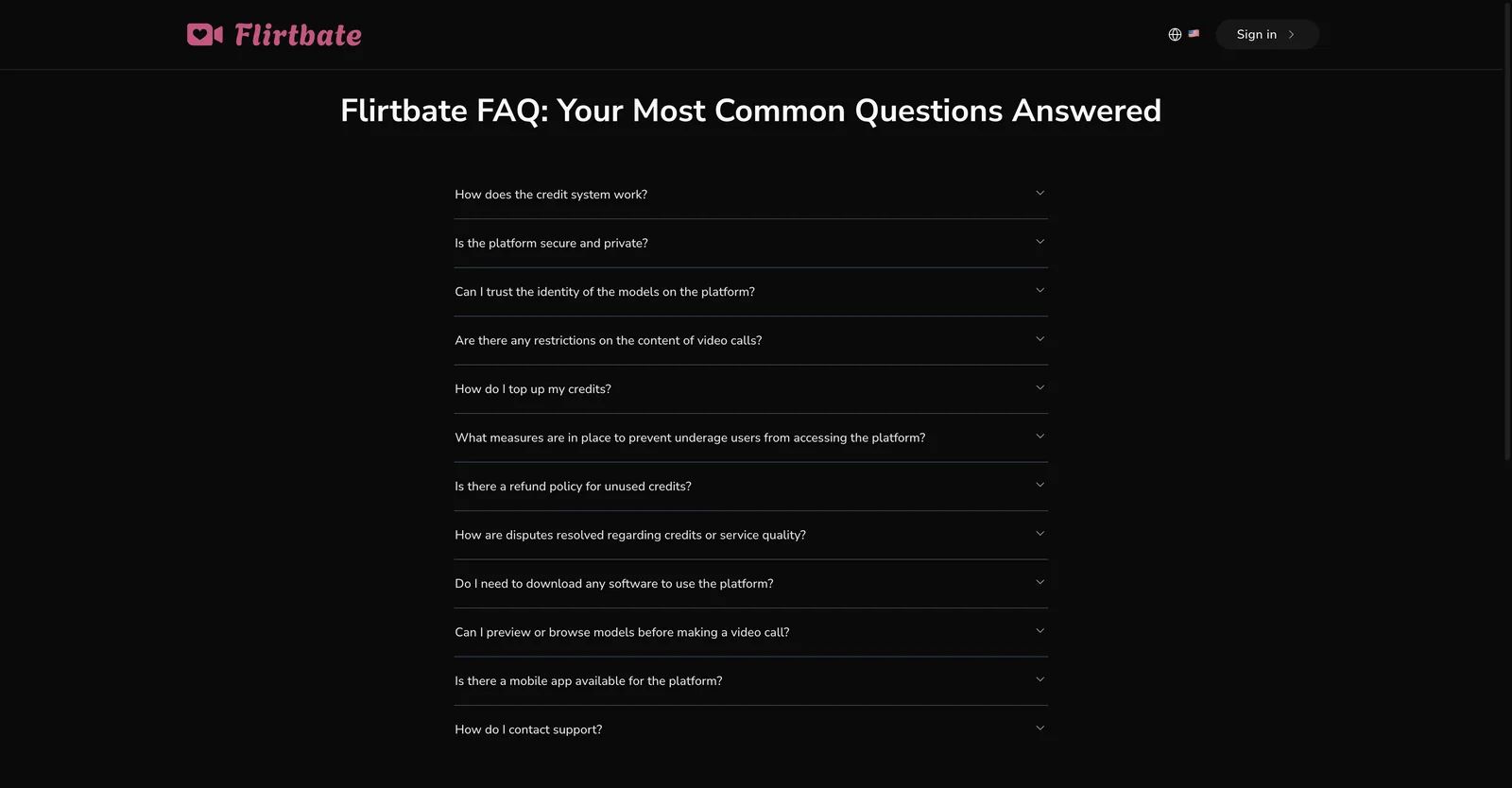 Flirtbate FAQ page listing questions about the credit system, privacy, model identity, refunds and support, above a footer naming the operating company and its address