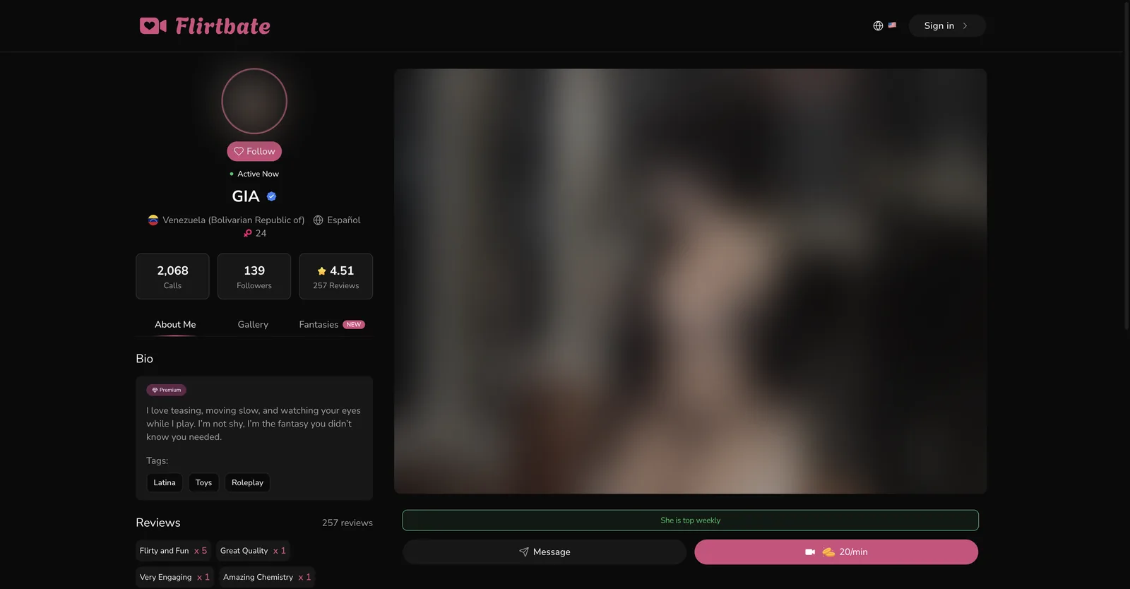 Flirtbate model profile listing country, language, age, total call count, follower count and a star rating from a large number of reviews, with about me, gallery and fantasies tabs