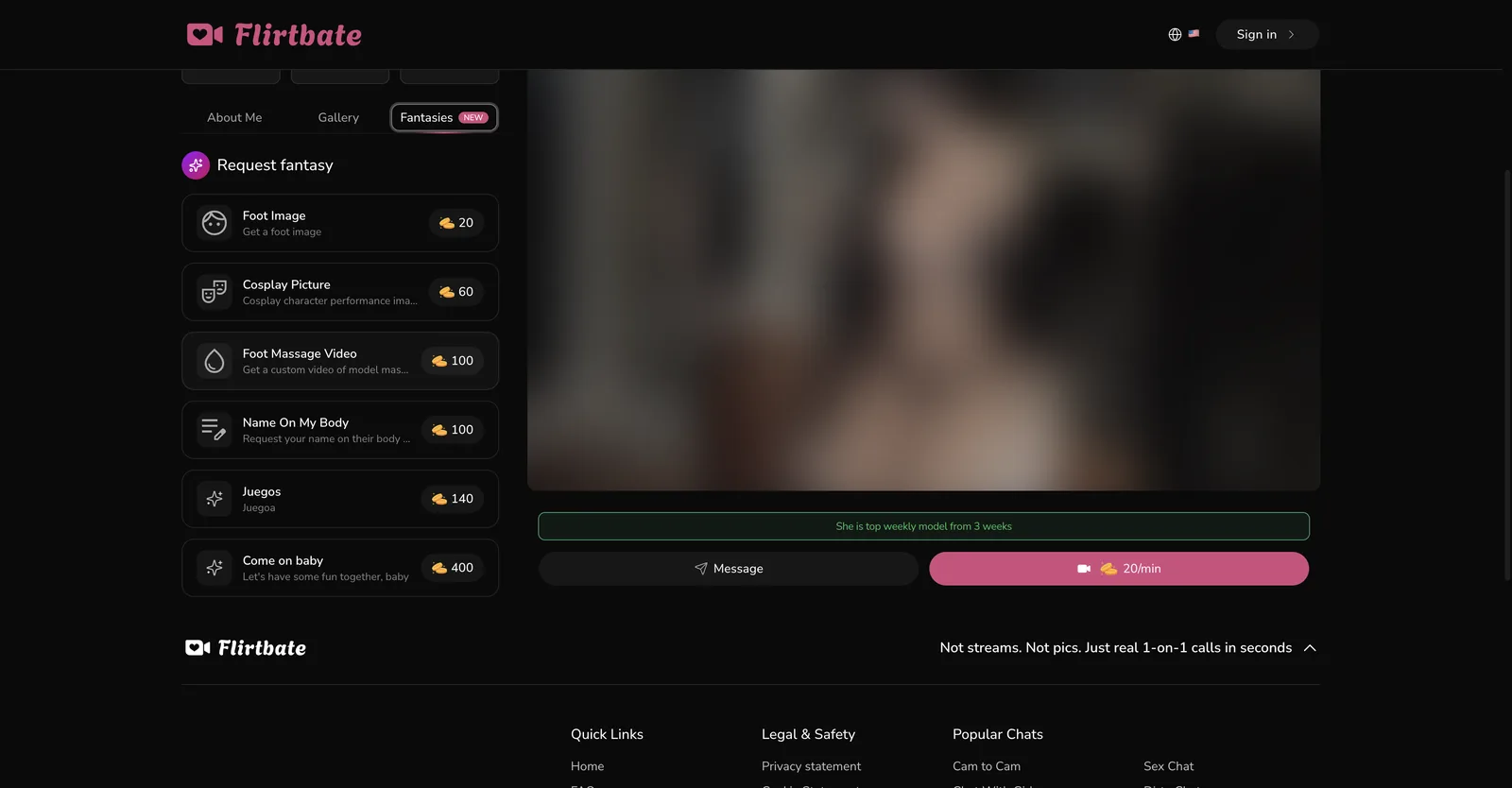 Flirtbate fantasies tab showing a request menu of custom content items each priced in credits, from a foot image up to an open custom request