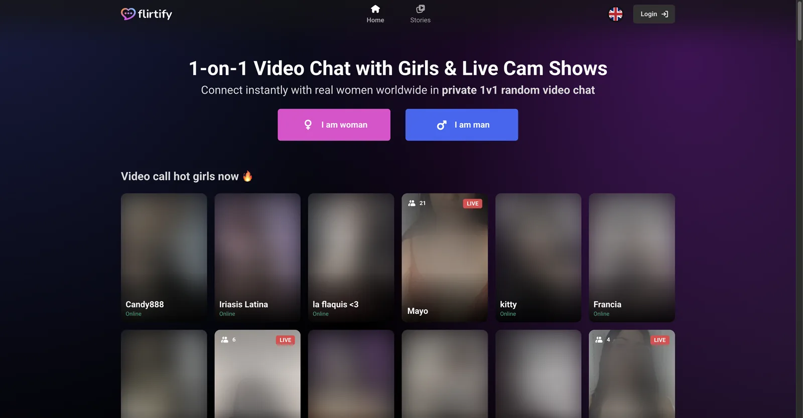 Flirtify home page with a gender selection prompt above a grid of portrait tiles showing online status, some carrying a live badge and viewer count