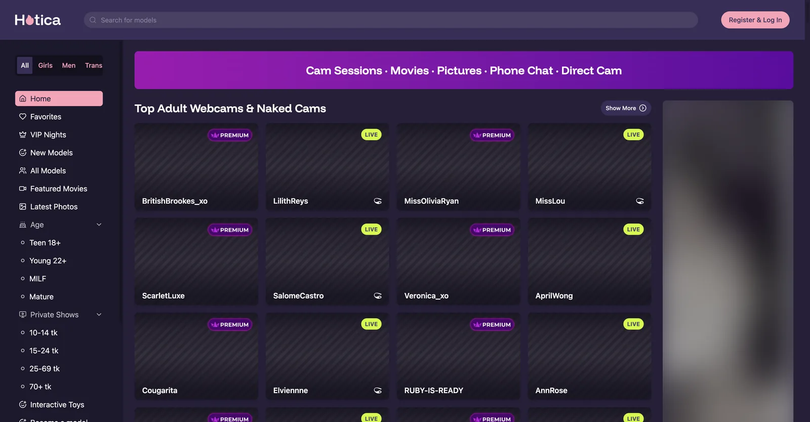 Hotica home page showing the model grid with live and premium badges beside a left rail of gender, age and private show price filters