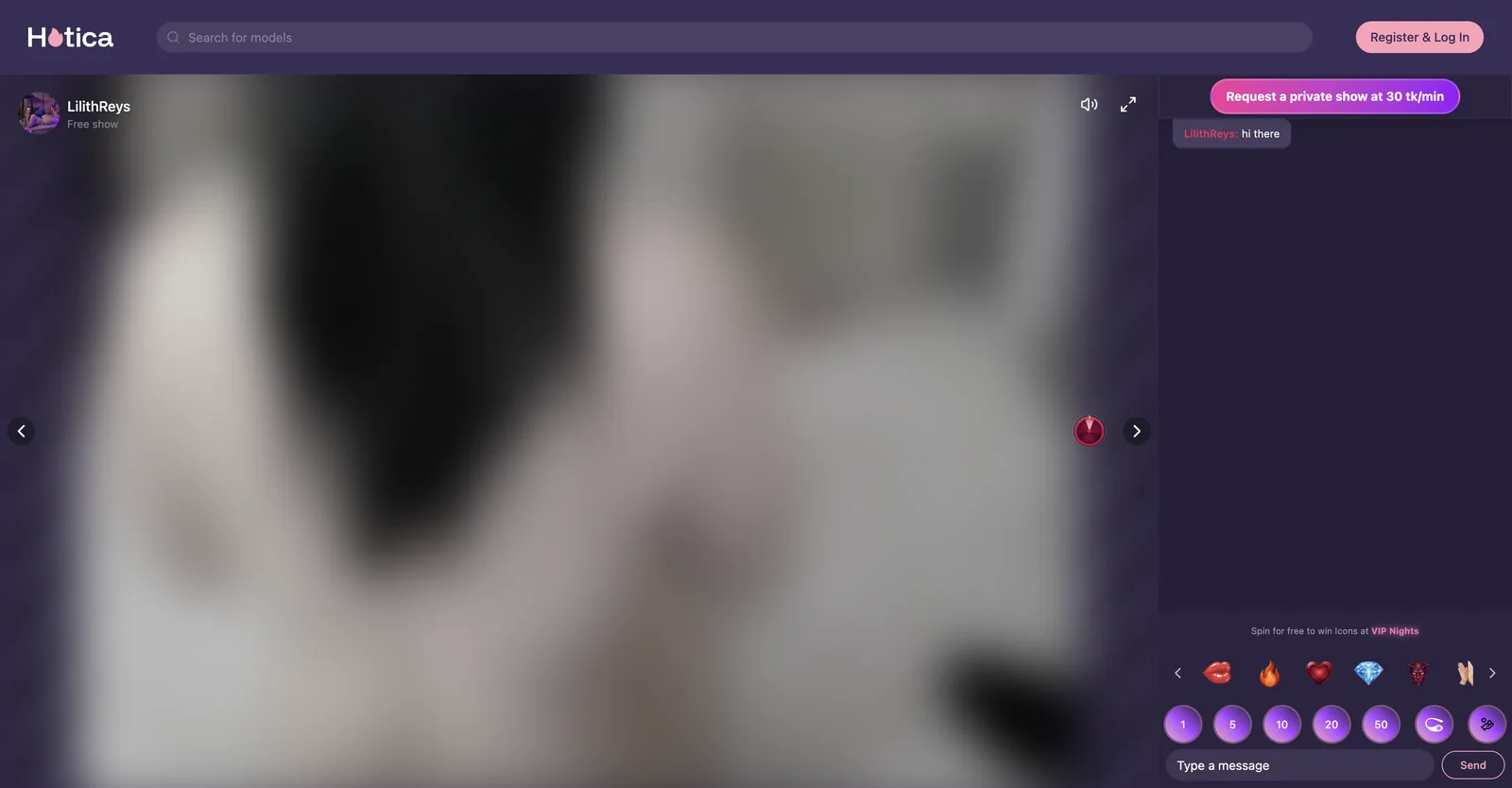 A Hotica room with the player on the left, a chat panel on the right, and a private show request button stating the per minute token rate