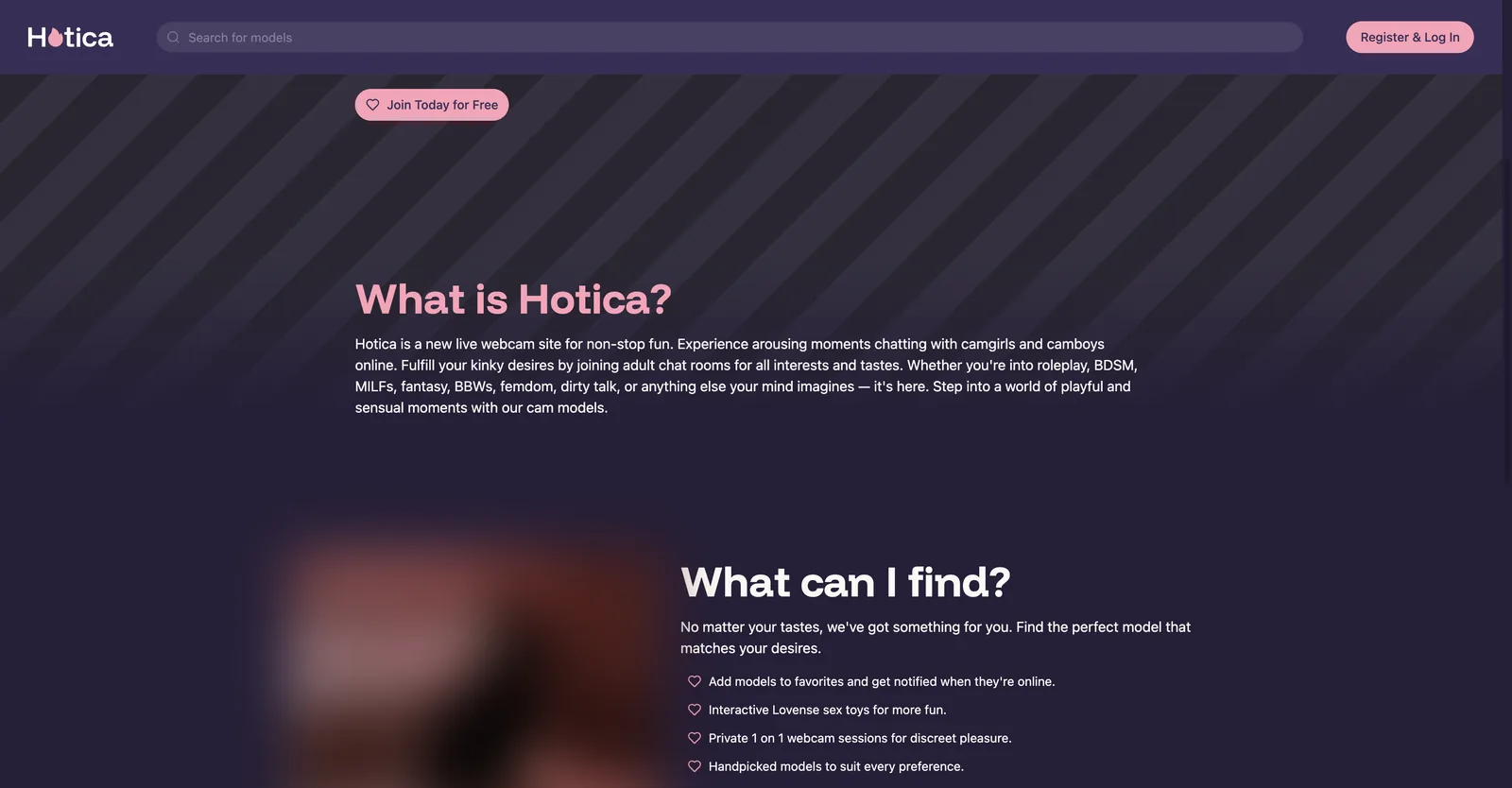 The What is Hotica page explaining the site and listing its features, with a join for free button