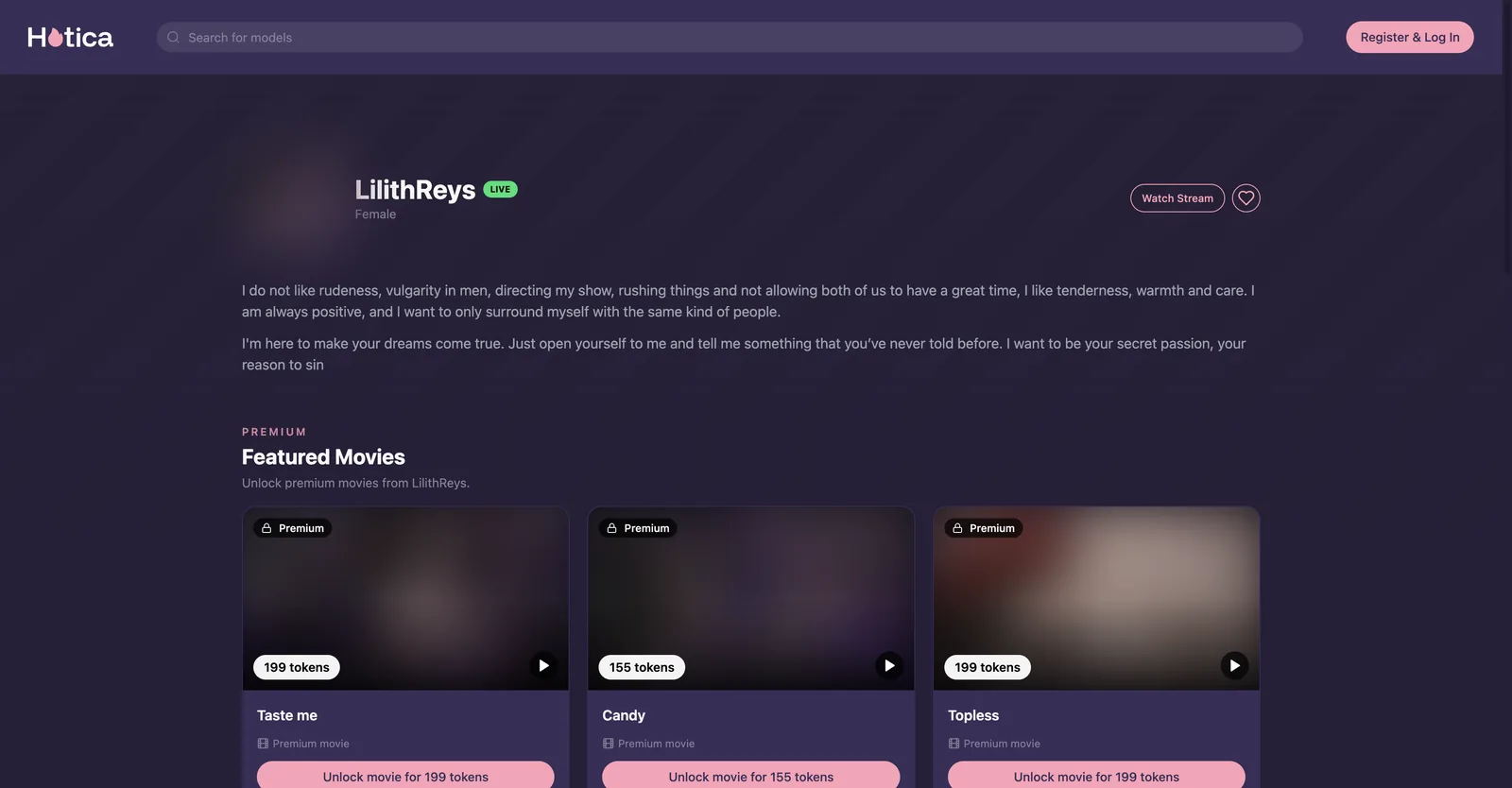A Hotica profile page showing a bio above a row of premium movie cards, each priced in tokens with an unlock button