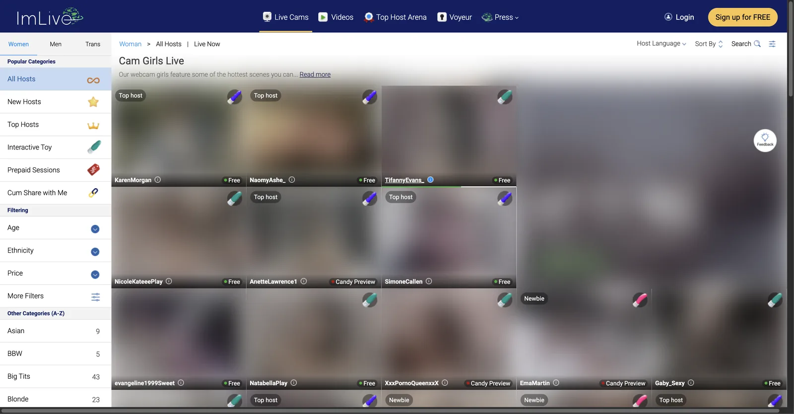 ImLive cam girls grid with a left rail listing popular categories, filtering options and an A to Z category list with counts