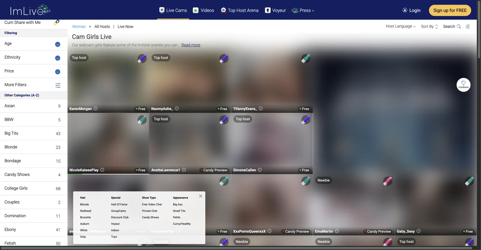 ImLive grid with the more filters popover open, listing hair, special, show type and appearance options, beside tiles labelled top host, newbie, free and candy preview
