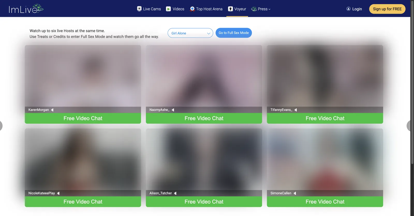 ImLive LiveRoom showing six live host tiles in a grid at once, each with its own audio toggle and free video chat button, above a mode selector and a full sex mode button