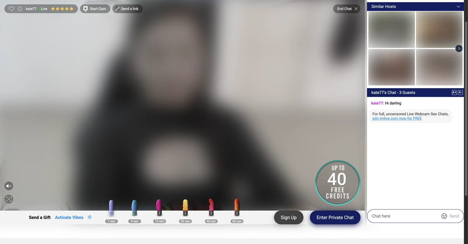ImLive chat room with a near fullscreen player, a similar hosts carousel and chat panel on the right, and a row of toy icons under the player labelled by duration and priced in credits