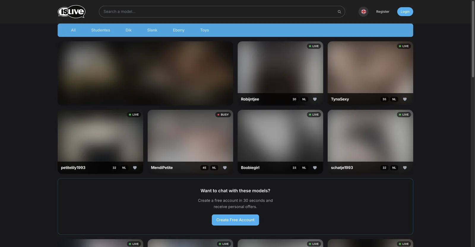 IsLive home page showing a dark grid of room tiles, each with a name, age, country flag and a live or busy badge