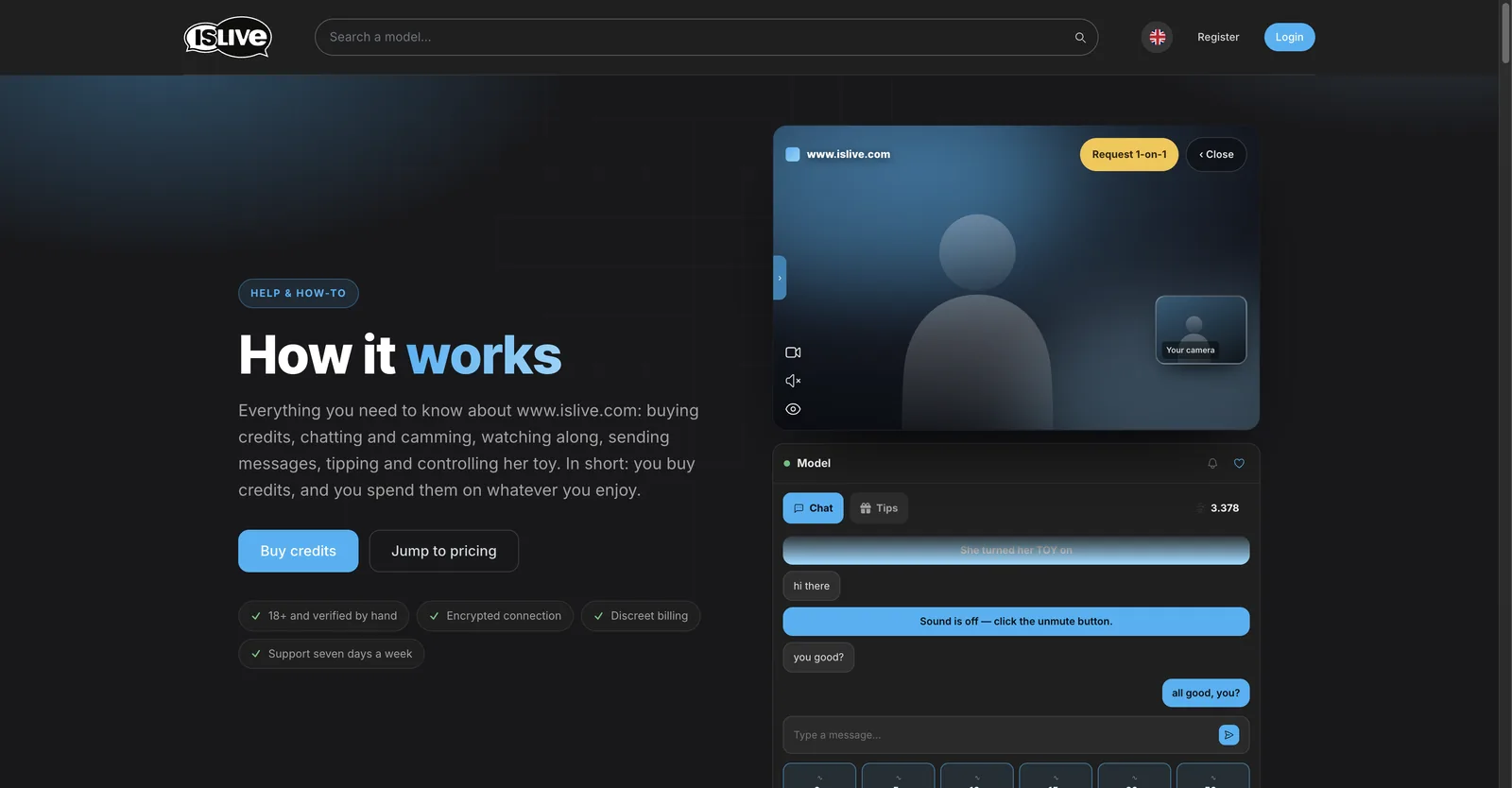 The IsLive how it works page with a diagram of the chat interface and four badges covering verification, encryption, discreet billing and support