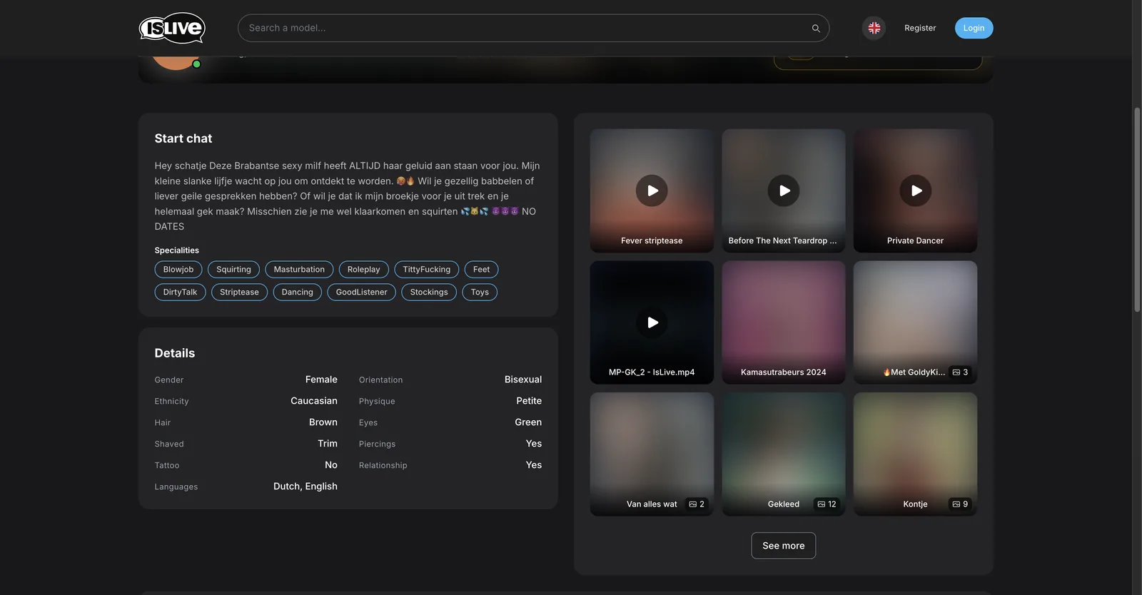An IsLive profile showing a specialities tag list, a details table and a grid of photo and video albums