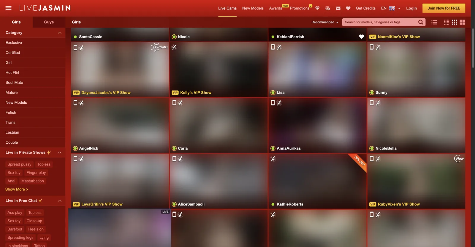 LiveJasmin girls grid in deep red, showing model tiles with VIP show labels, promo flags and status dots, beside a left rail of category and show-type filters