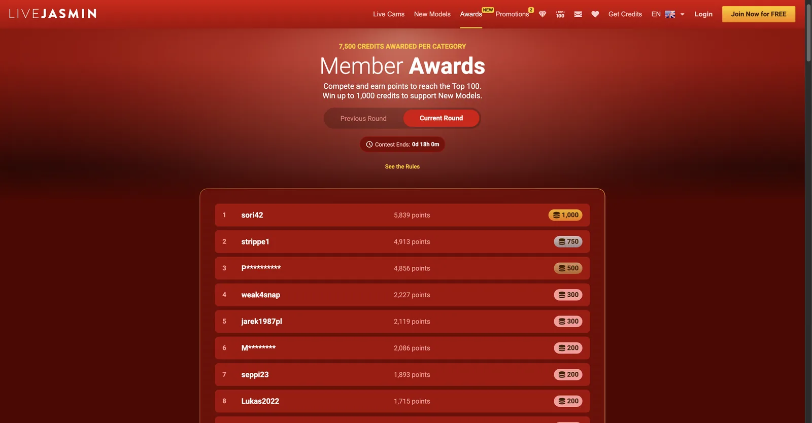 LiveJasmin member awards page showing a points leaderboard with credit prizes and a list of award categories covering private shows, video calls, interactive toys and premium content