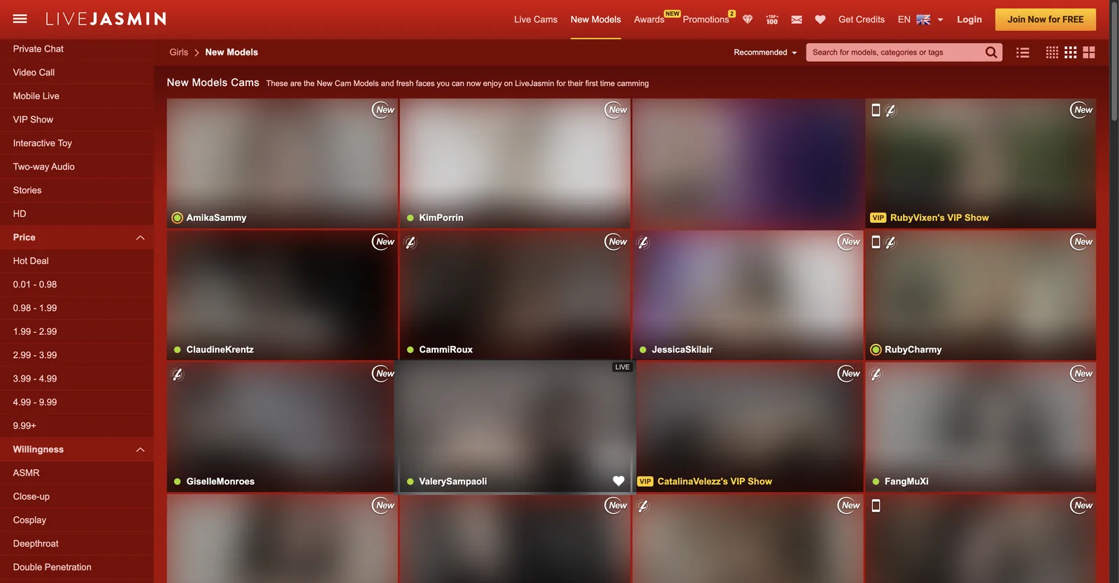 LiveJasmin new models page with the left rail expanded to show the price filter, listing seven credits-per-minute bands plus a hot deal option, above a willingness filter list