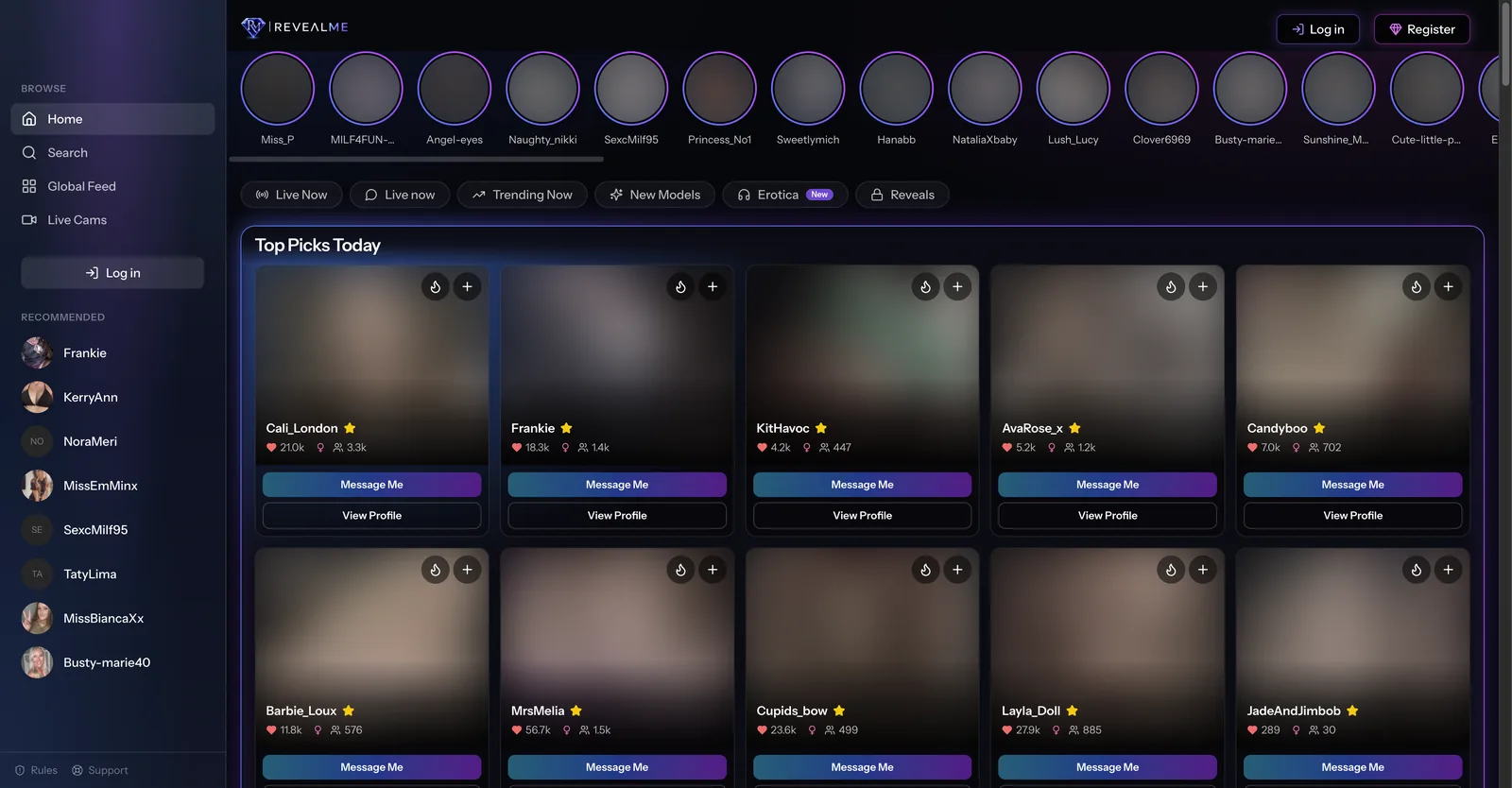 RevealMe home page laid out like a social feed, with a row of circular creator avatars above tiles showing like and follower counts