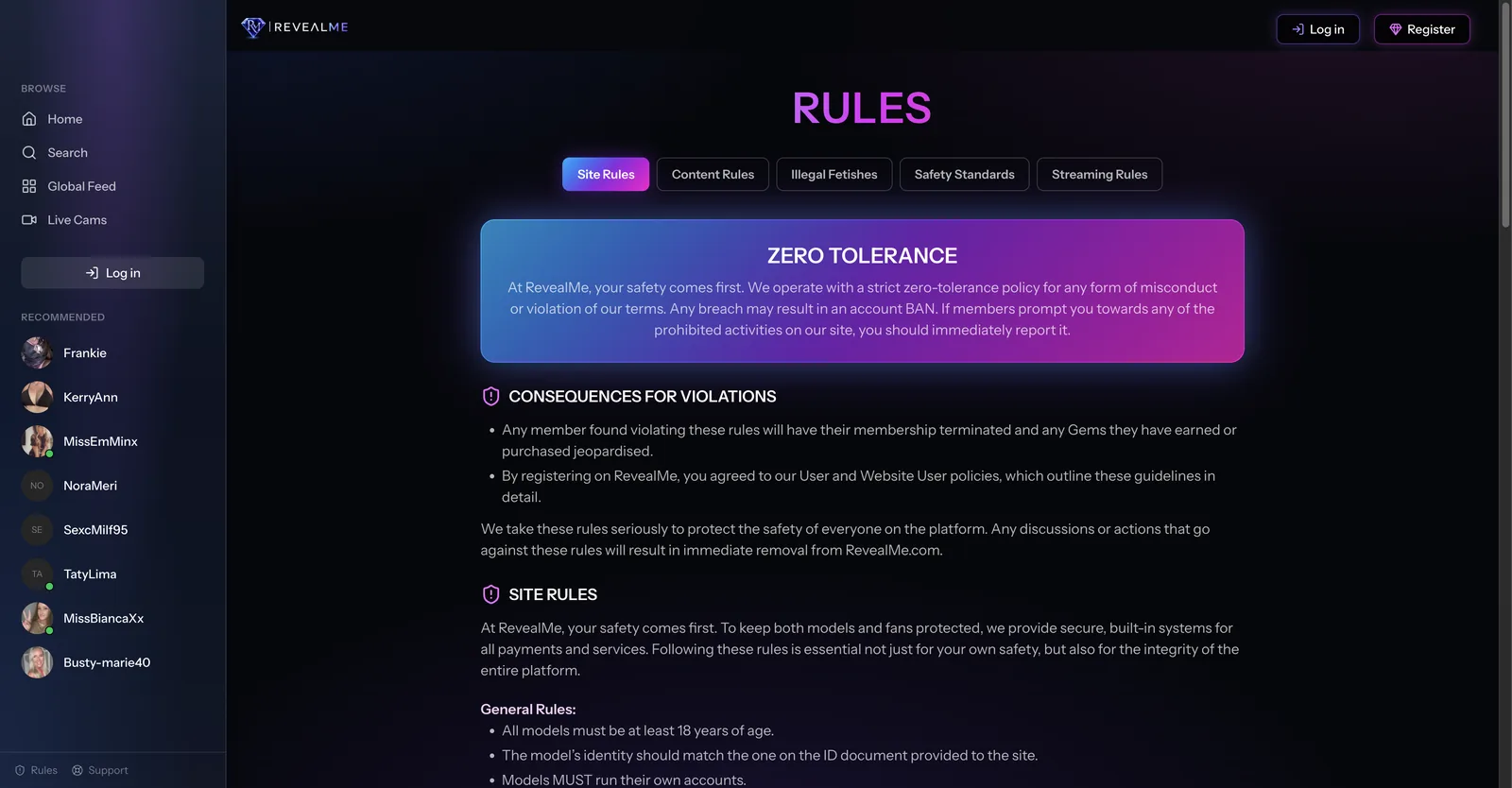 The RevealMe public rules page with a zero tolerance banner and sections for site, content, safety and streaming rules