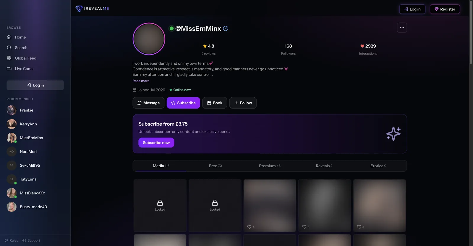 A RevealMe creator profile showing a rating, follower and interaction counts, a subscription price in pounds, and counted media tabs