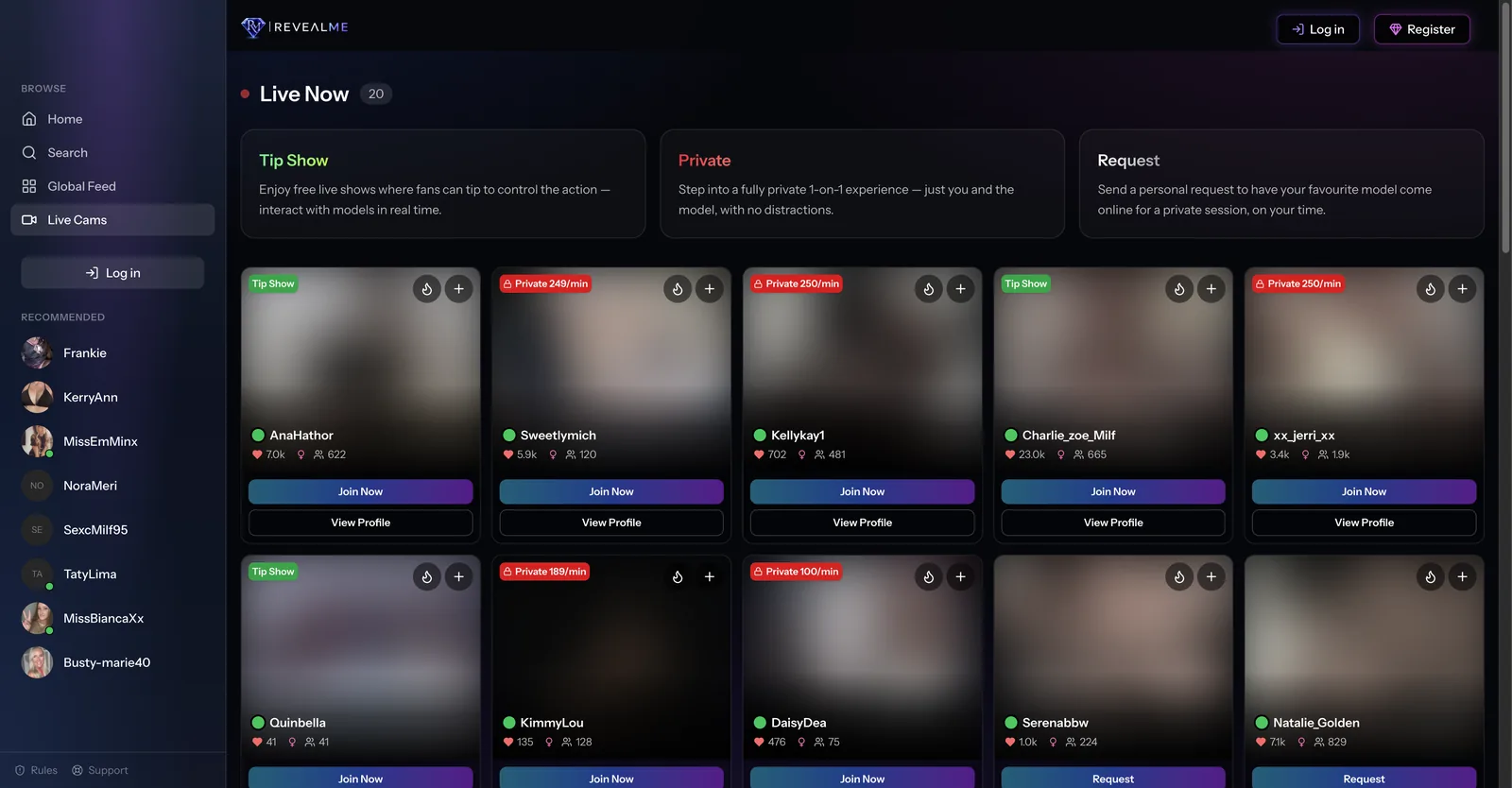 The RevealMe live cams page defining tip show, private and request formats, above tiles carrying per minute rates