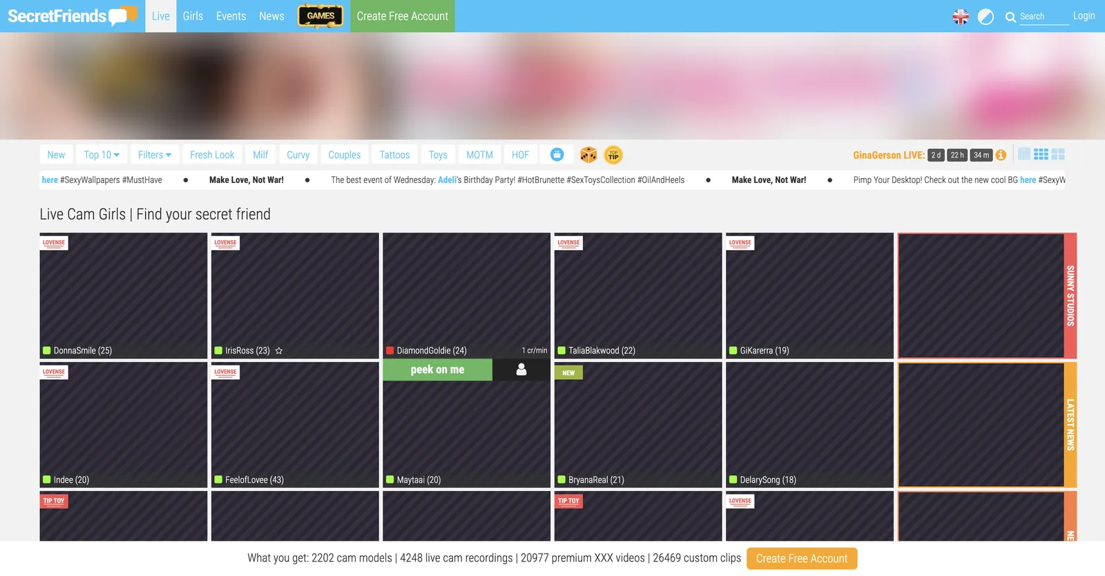 SecretFriends home page showing a grid of room tiles with ages and toy badges, above a bar stating the site's model and content totals