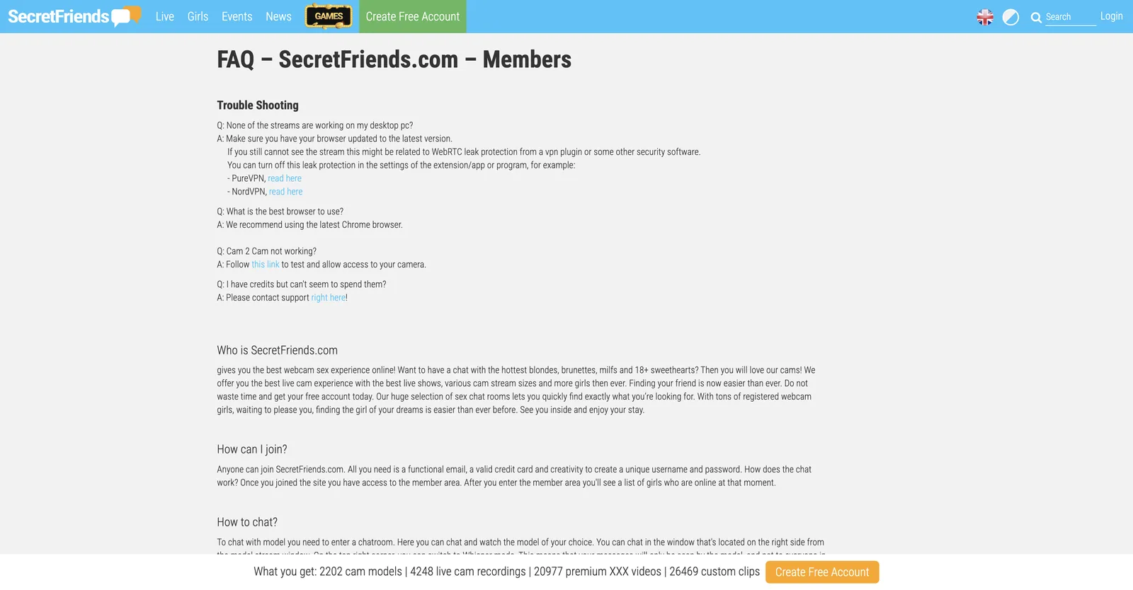 The SecretFriends FAQ page, an open help document covering troubleshooting and how the site works