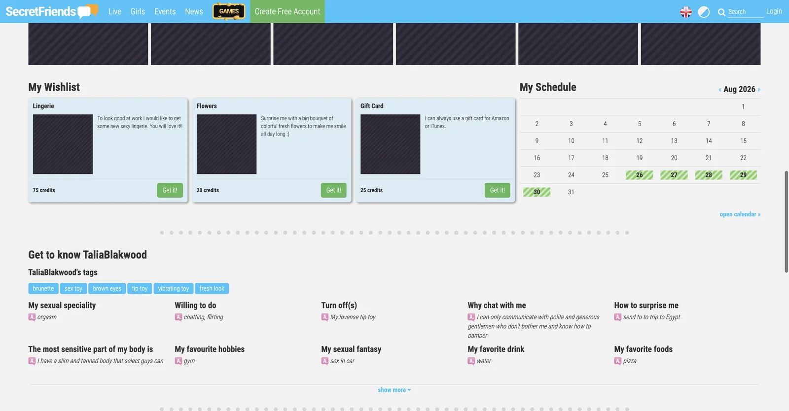 A profile page showing a wishlist of items priced in credits, a monthly schedule calendar, and a block of answered profile questions