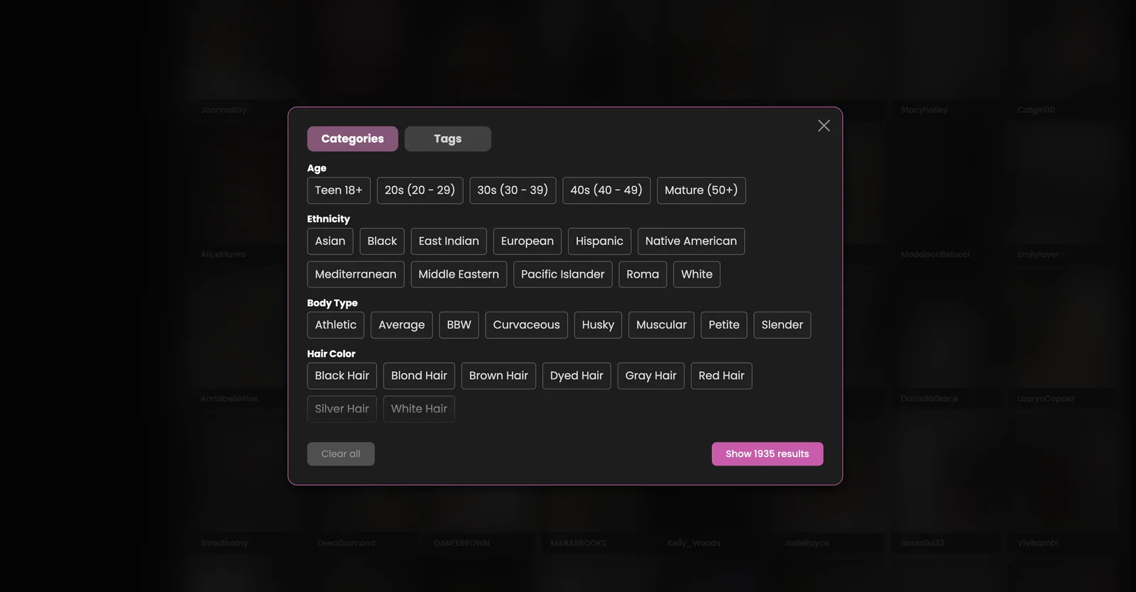 SinParty category filter panel listing age bands, eleven ethnicity options, eight body types and eight hair colours, with a show results button