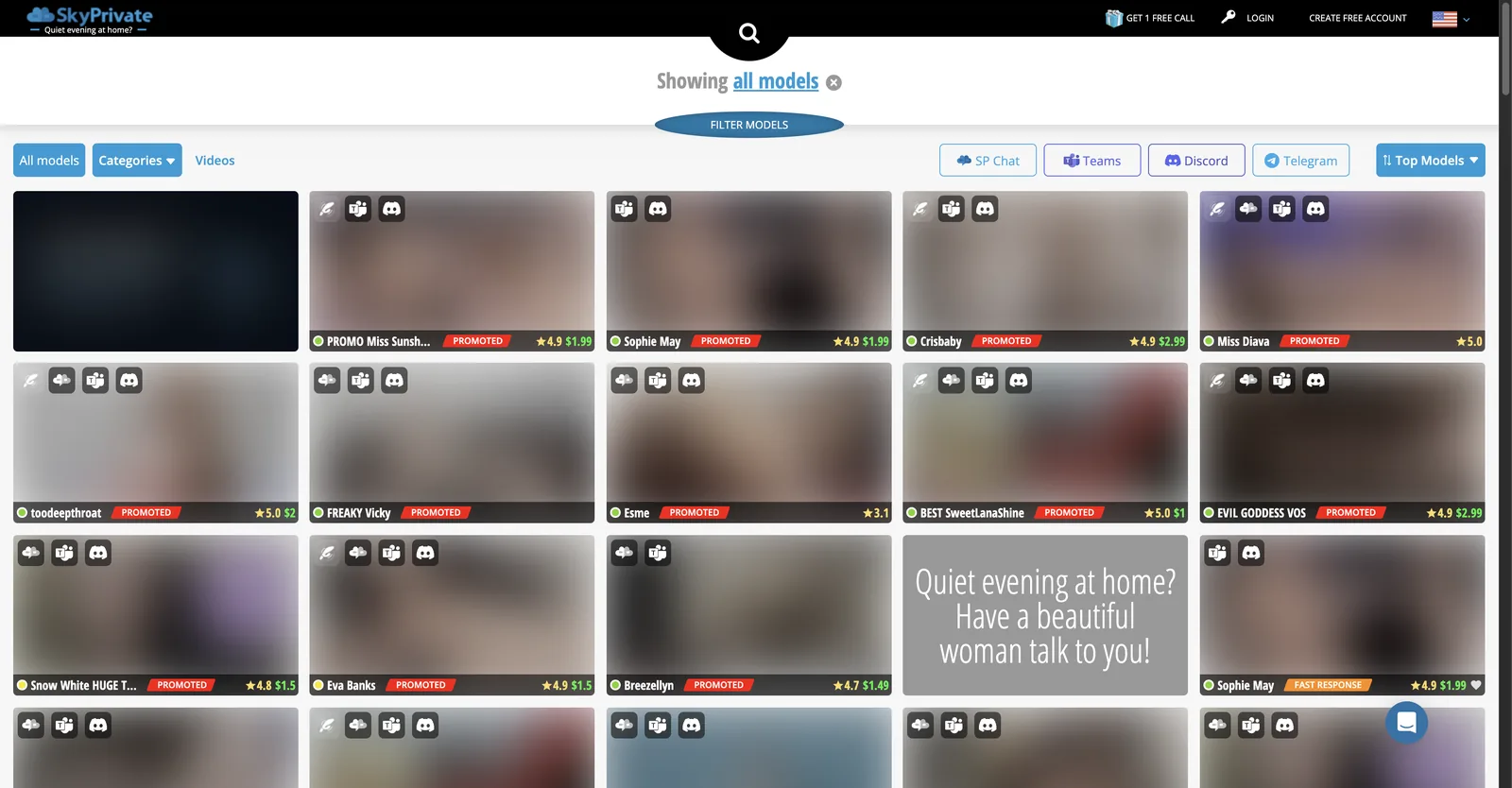 SkyPrivate model directory with tiles showing chat app icons, star ratings and a per minute dollar rate, above filter chips for the supported chat apps