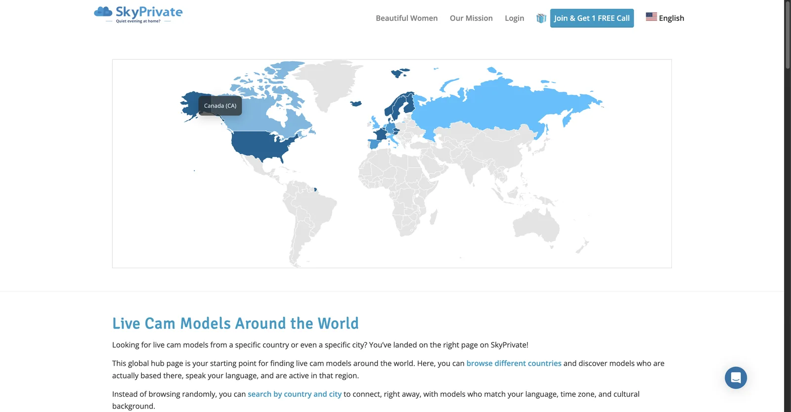 SkyPrivate locations hub page explaining how to browse live cam models by country and city
