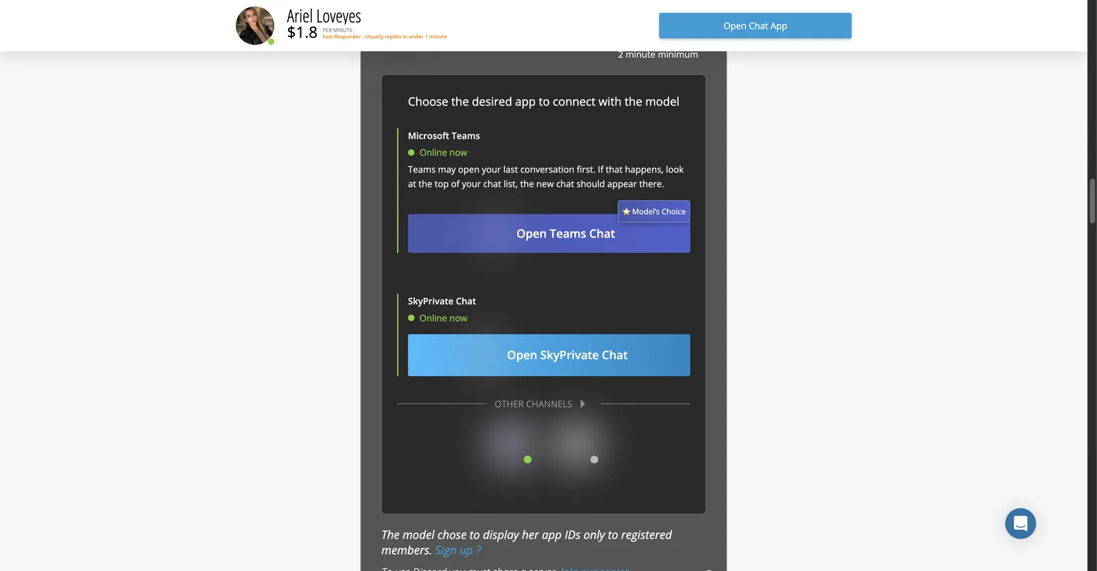 SkyPrivate app chooser panel listing Microsoft Teams and SkyPrivate Chat as online now, with a model's choice badge and a two minute minimum notice above
