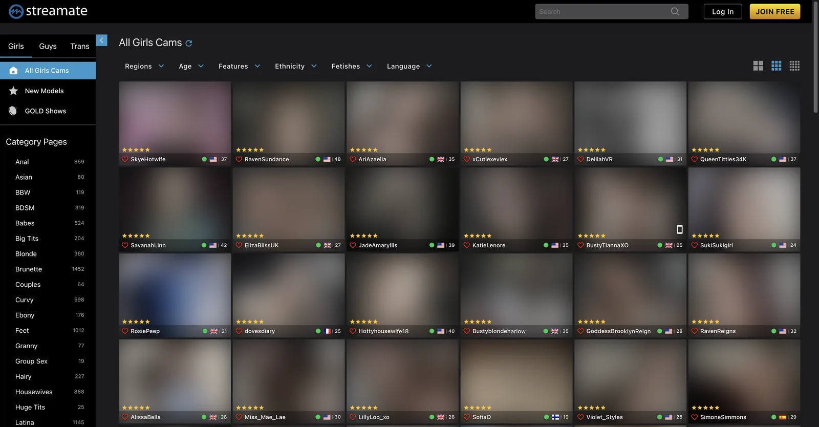 Streamate all girls cams grid with star ratings, country flags and ages on each tile, beside a left rail of category pages listing model counts