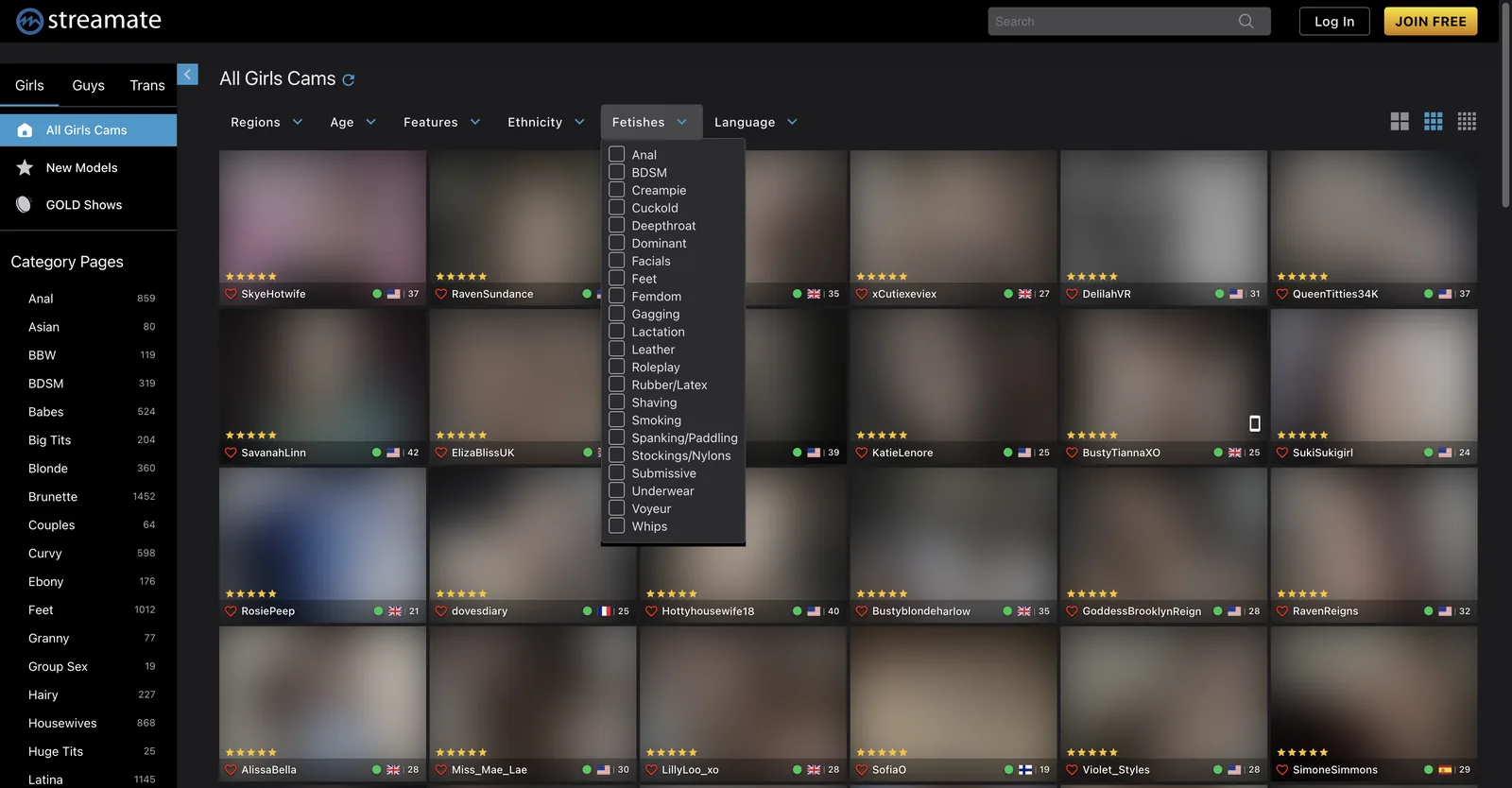 Streamate grid with the fetishes filter dropdown open, listing twenty two checkbox options from anal and BDSM through to voyeur and whips
