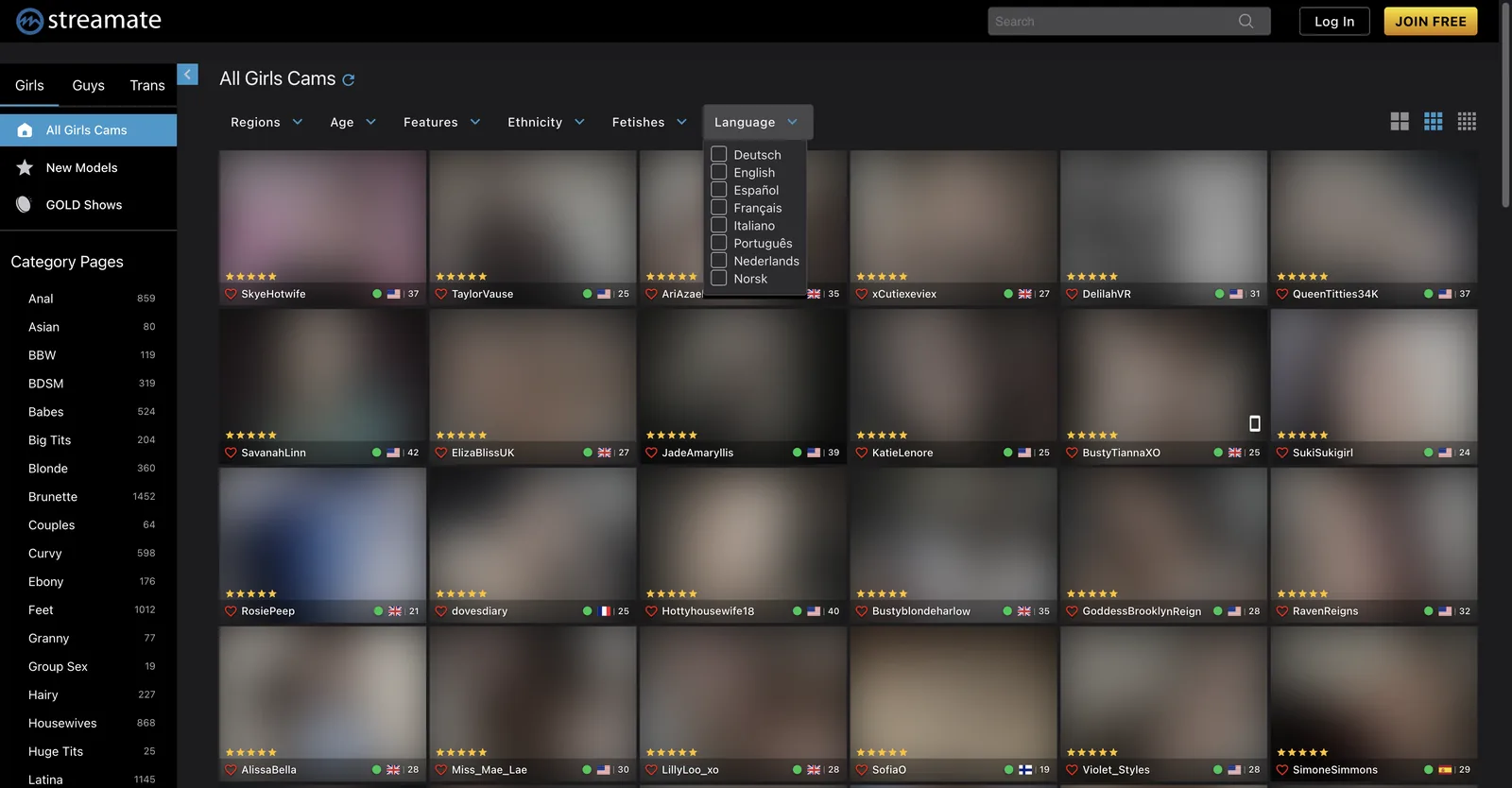 Streamate grid with the language filter dropdown open, listing eight selectable languages including German, English, Spanish, French and Norwegian