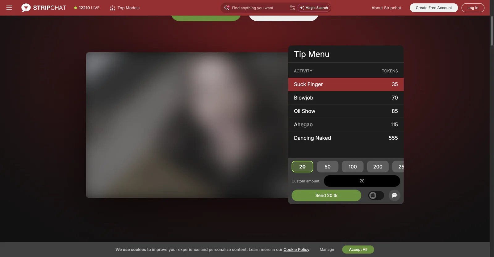 Stripchat tokens page showing an example tip menu with activities and token amounts, plus preset tip buttons and a custom amount field