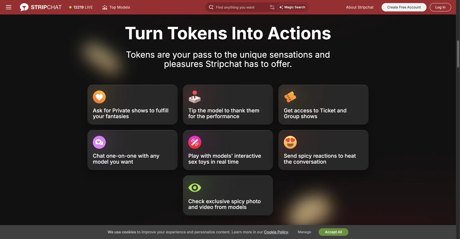 Stripchat tokens page section titled Turn Tokens Into Actions, showing seven cards for private shows, tipping, ticket and group shows, one to one chat, toy control, reactions and unlocking media