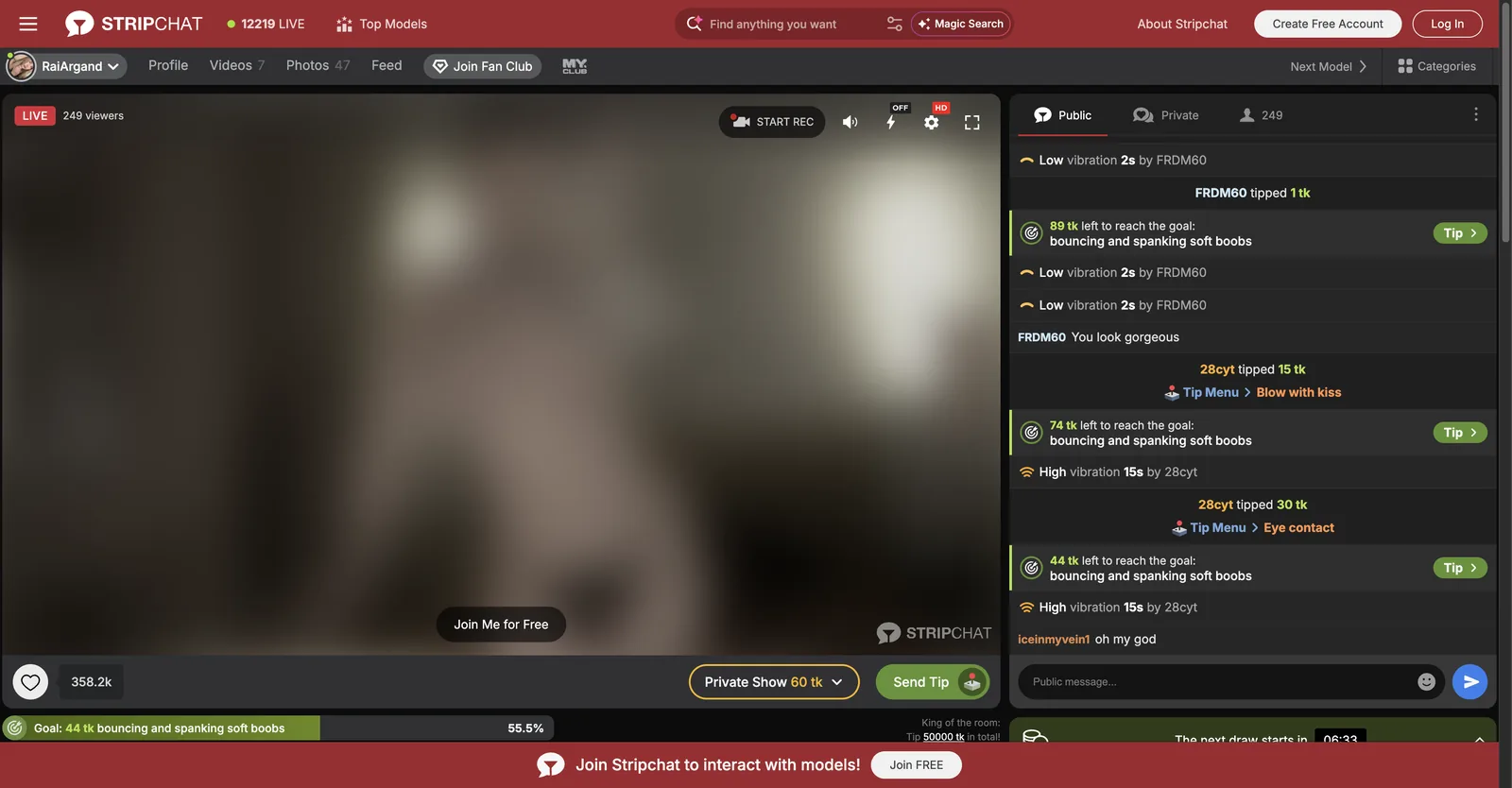 Stripchat public room layout with the player on the left, a public chat feed on the right showing tips and toy activations, and a goal progress bar along the bottom