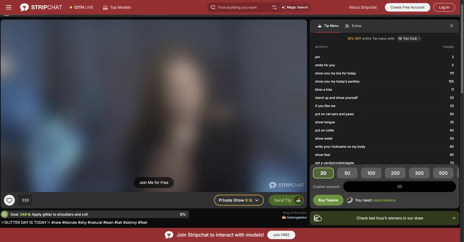 Stripchat room with the tip menu panel open, listing activities against token prices, with preset tip buttons and a private show price under the player