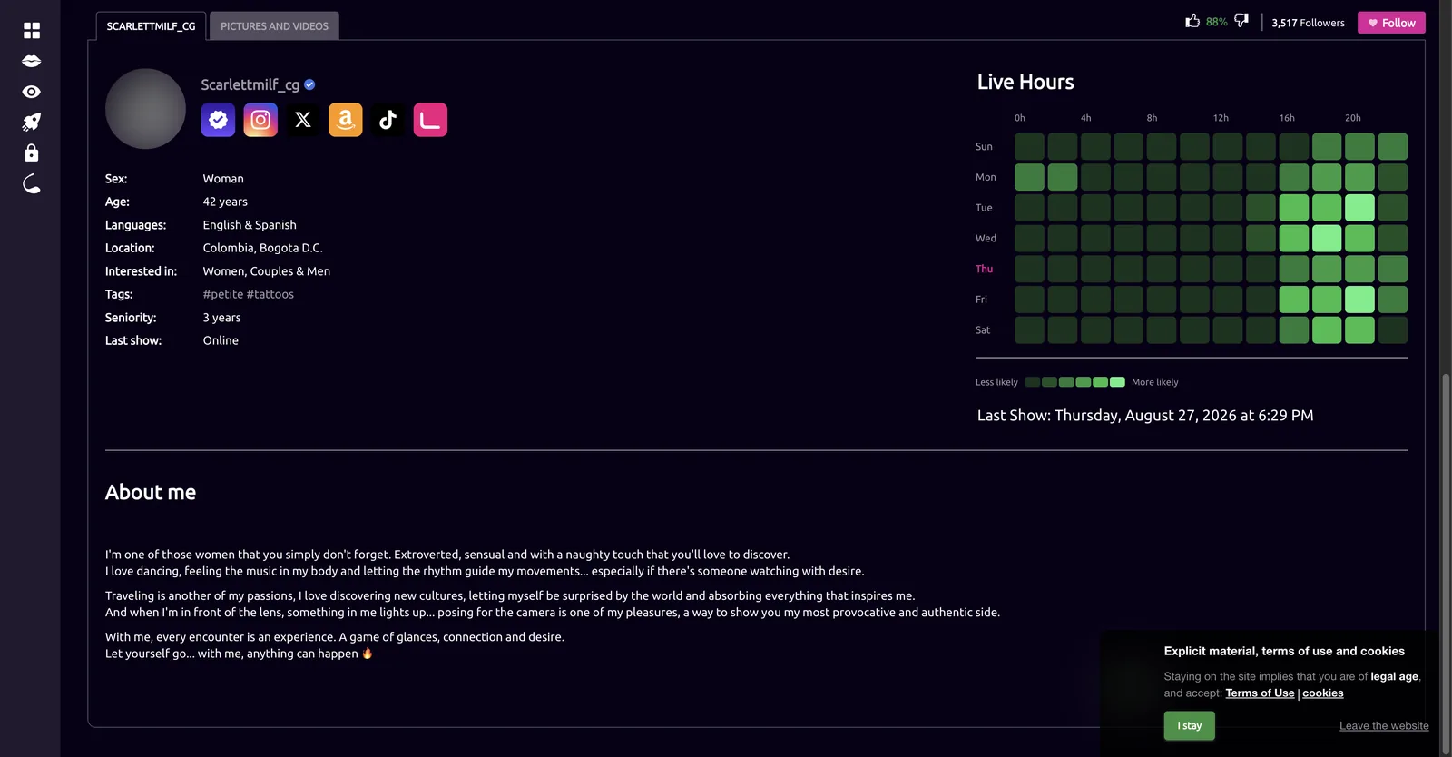 A SugarCams profile showing a fields table beside a week by hour heat map of when the performer is likely to be live