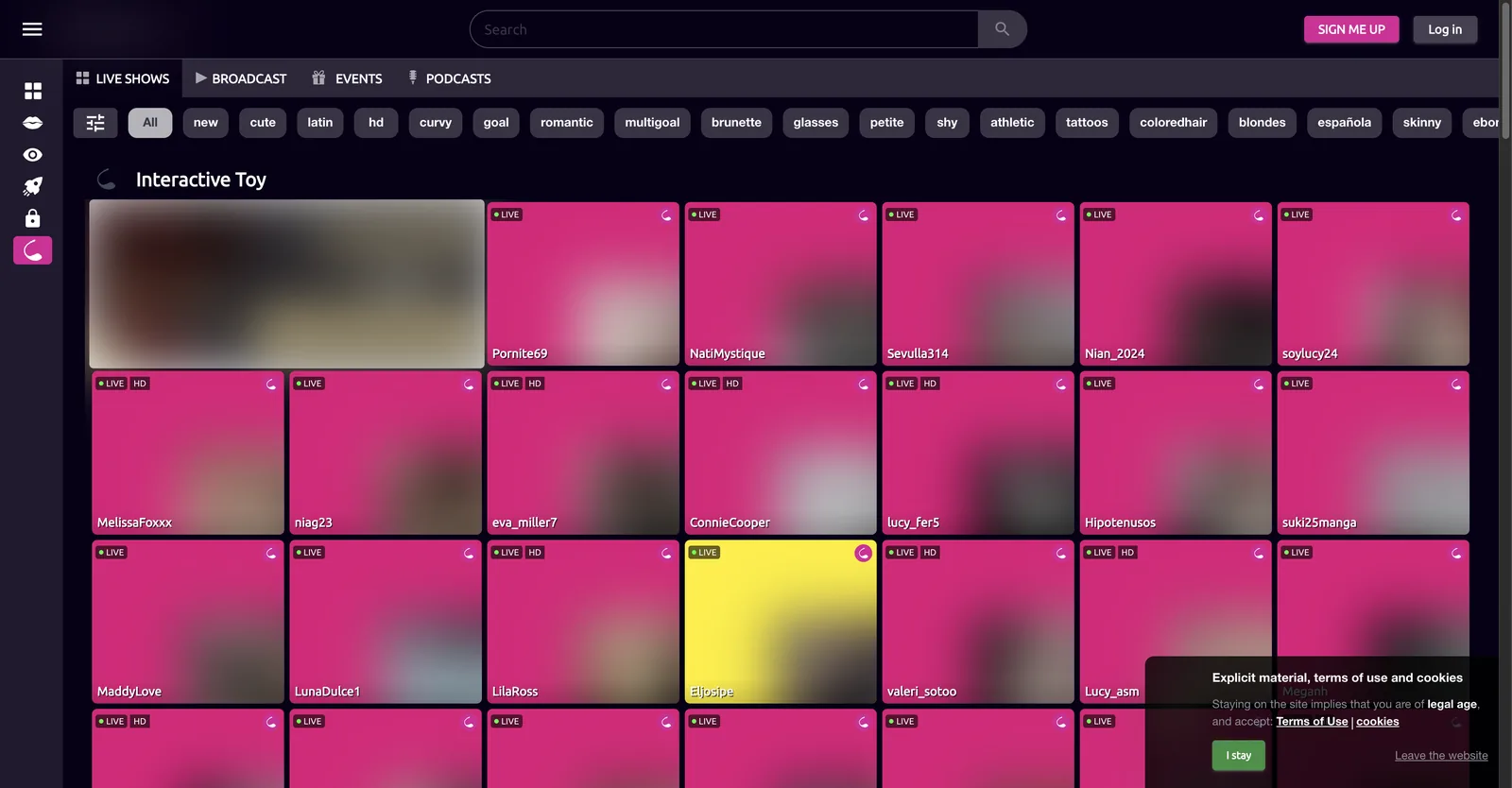 The SugarCams interactive toy section showing a grid of live tiles filtered to performers with a connected toy