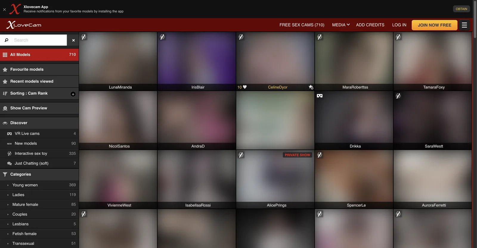 XloveCam home grid of live room tiles with toy and VR icons, beside a left rail listing discover options and categories each with a live model count