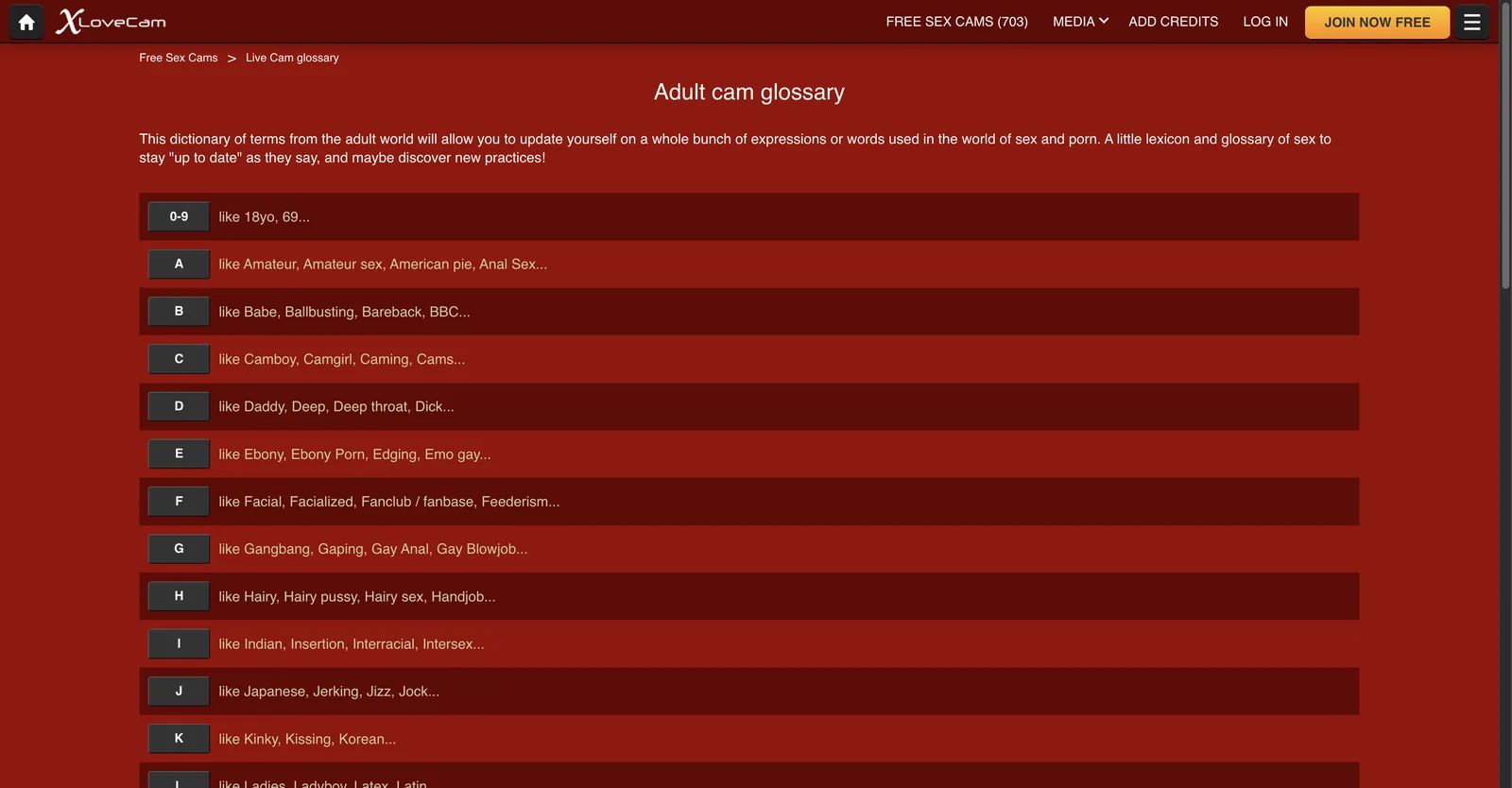 XloveCam adult cam glossary page listing alphabetical sections from 0-9 through the alphabet with example terms under each letter